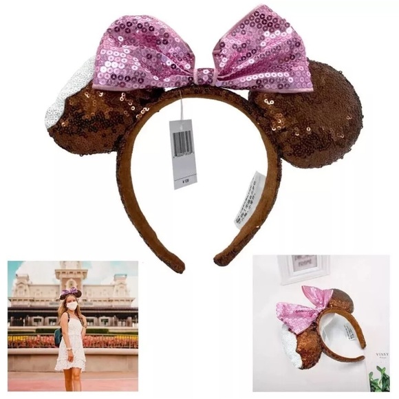 Disney Parks Chocolate Mickey Mouse Ice Cream Bar Bow Sequin Ears Headband NWT - Picture 2 of 11